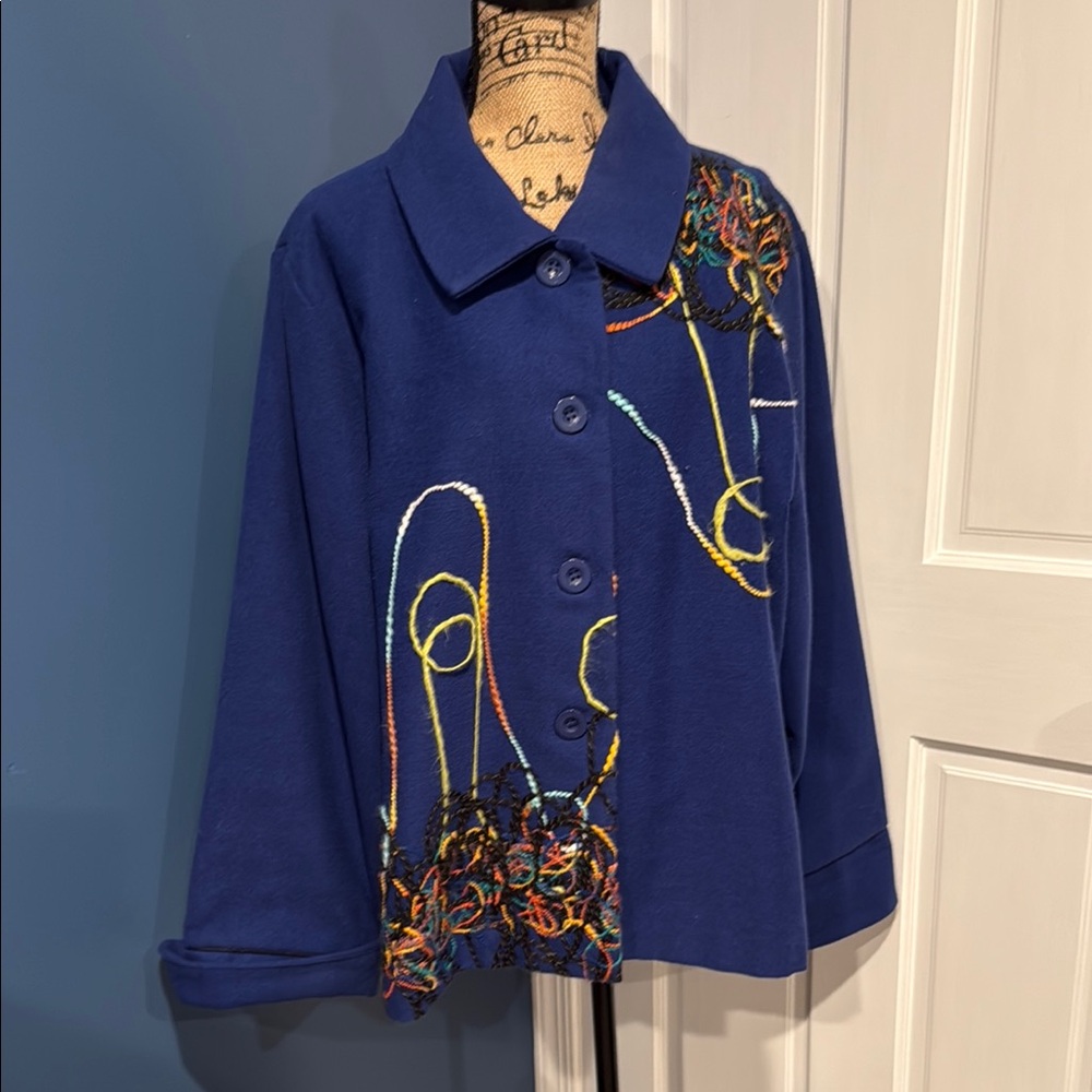 Blue Button-Up Jacket with Colorful Embroidery